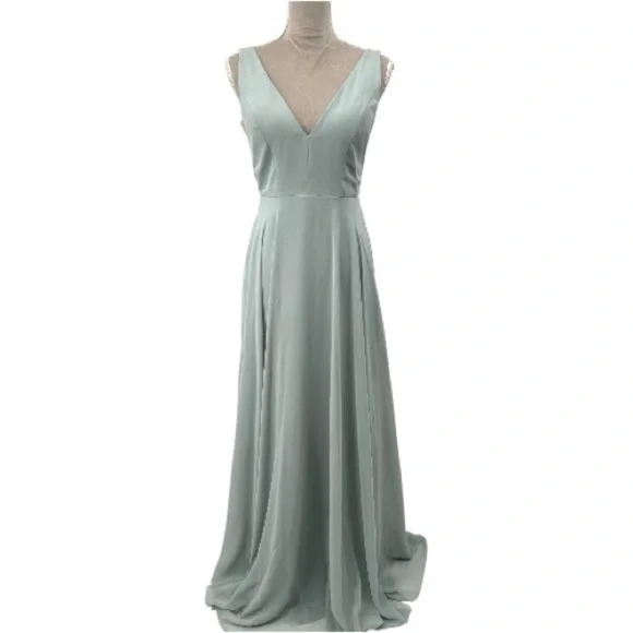 morning mist bridesmaid dress Off-Shoulder Sheath Pleated Satin Sky Blue Long Bridesmaid Dress, Sky Blue / 2 main image 1